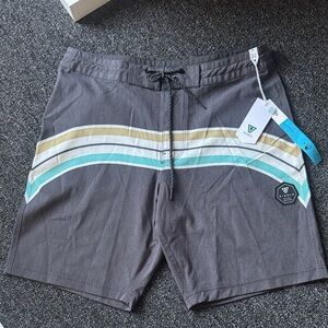 VISSLA Men's Gray Swim Shorts with Gold and Teal Stripes